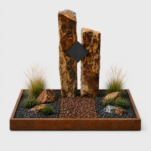 Natuurlijk grafmonument met Basalt zuilen met elkaar verbonden