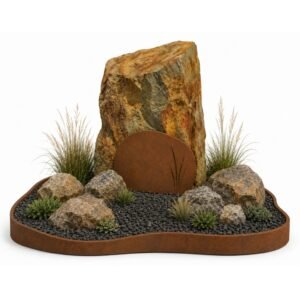 natuurlijke-ruwe-grafsteen-basalt-zuil-met-organische- cortenstaal-omranding