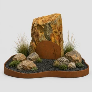 natuurlijke-ruwe-grafsteen-basalt-zuil-met-organische- cortenstaal-omranding