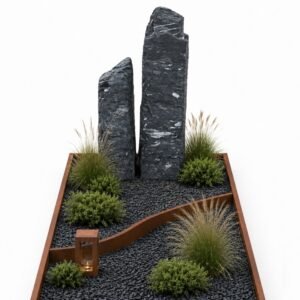 natuurlijke-ruwe-grafsteen-zuilen-amazone-green-met-cortenstaal-omranding