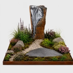 natuurlijke-ruwe-grafsteen-zuilen-basalt-zuil-met-gehakte-bloem-en-cortenstaal-omranding