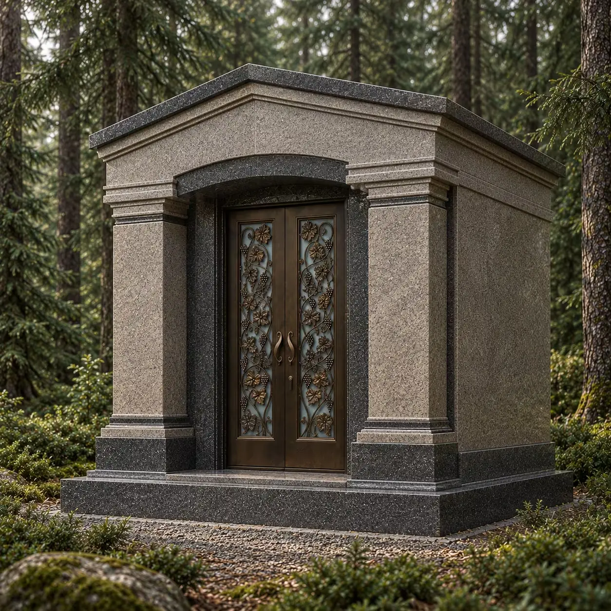 Ontwerpimpressie van een strak mausoleum in lichtgrijs graniet met pilasters en bronzen deuren