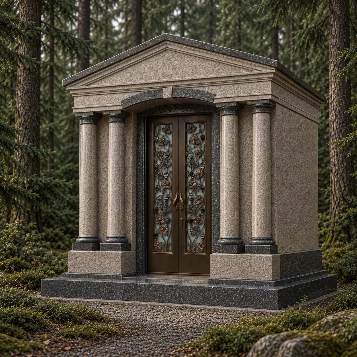 Ontwerpimpressie van een mausoleum in lichtgrijs graniet met ronde zuilen, fronton en bronzen deuren